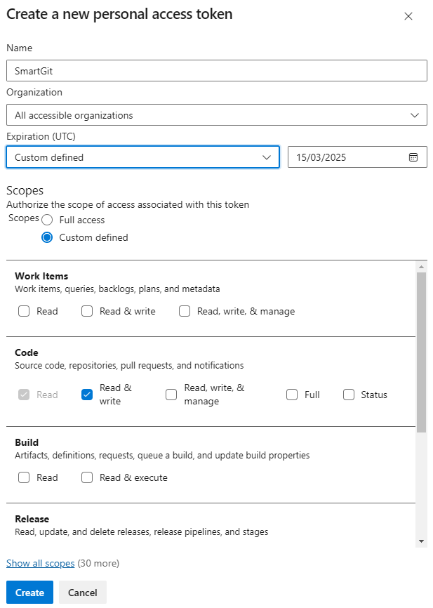 Azure DevOps PAT setup with Code read and write scope