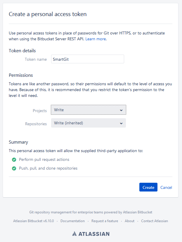 Create a personal access token in Bitbucket Server