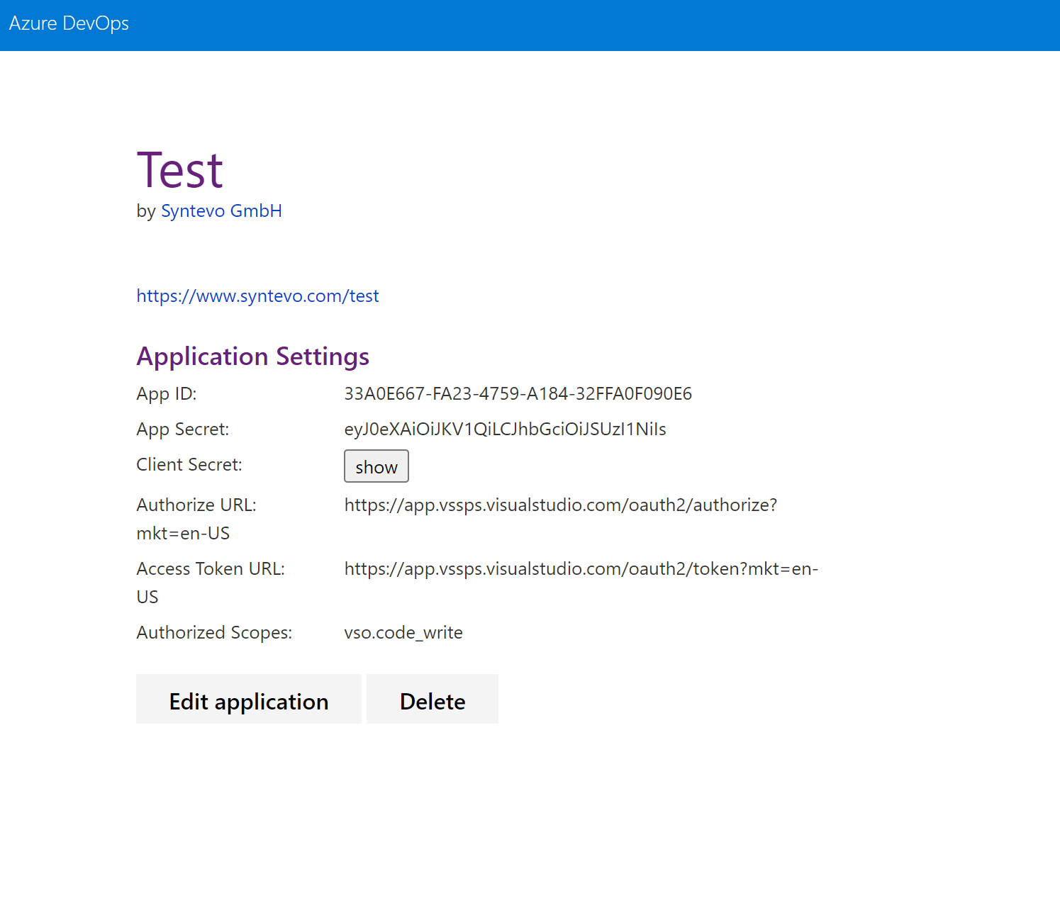 Azure DevOps application details